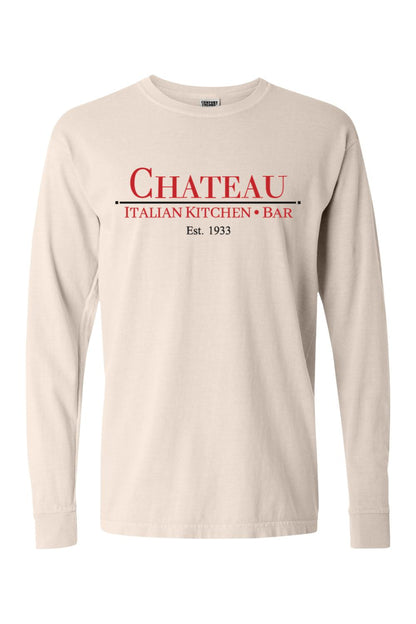Beige Comfort Colors long sleeve cotton t-shirt featuring a red and black Chateau Italian Kitchen & Bar logo.