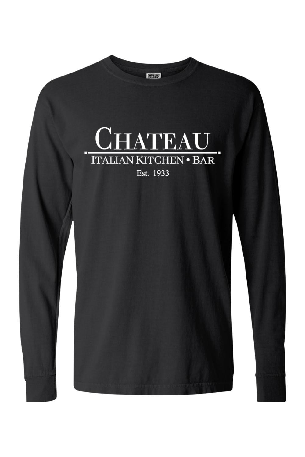 Black Comfort Colors long sleeve cotton t-shirt featuring a white Chateau Italian Kitchen & Bar logo on the chest.