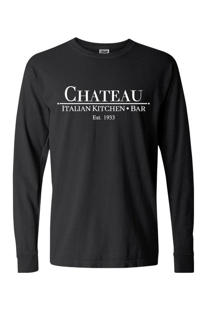 Black Comfort Colors long sleeve cotton t-shirt featuring a white Chateau Italian Kitchen & Bar logo on the chest.