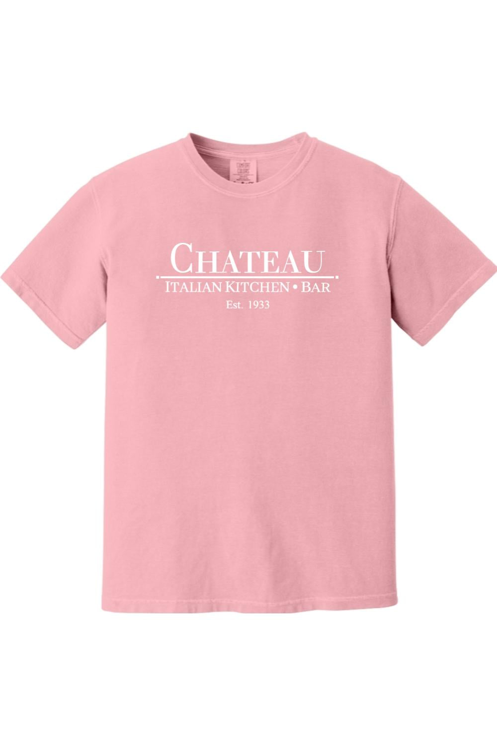 Light pink Comfort Colors cotton t-shirt featuring the white Chateau Italian Kitchen & Bar logo on the chest.