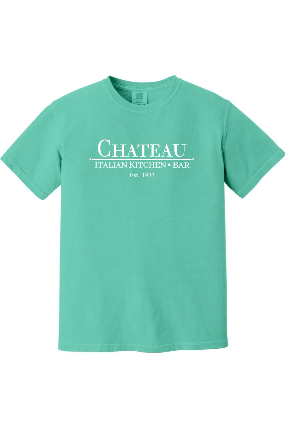 Mint green Comfort Colors cotton t-shirt featuring a white Chateau Italian Kitchen & Bar logo on the chest.