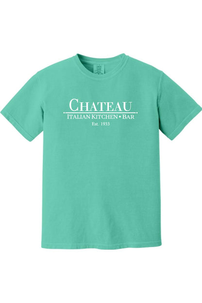 Mint green Comfort Colors cotton t-shirt featuring a white Chateau Italian Kitchen & Bar logo on the chest.