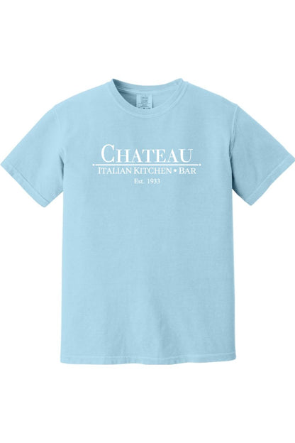 Light blue Comfort Colors cotton t-shirt featuring the white Chateau Italian Kitchen & Bar logo on the chest.