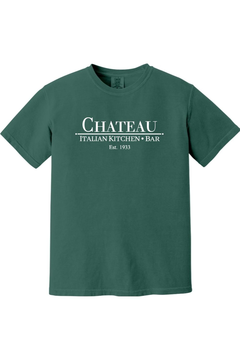 Forest green Comfort Colors cotton t-shirt featuring the white Chateau Italian Kitchen & Bar logo on the chest.