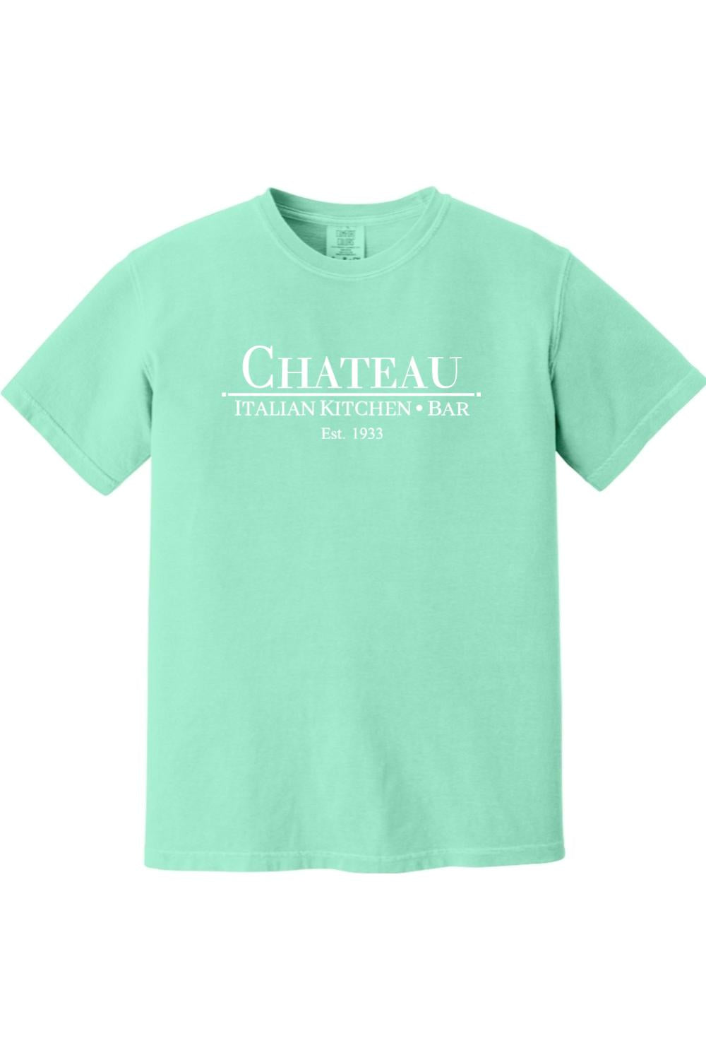 Mint green Comfort Colors ring-spun cotton t-shirt featuring a white Chateau Italian Kitchen & Bar logo.