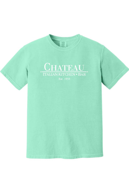 Mint green Comfort Colors ring-spun cotton t-shirt featuring a white Chateau Italian Kitchen & Bar logo.