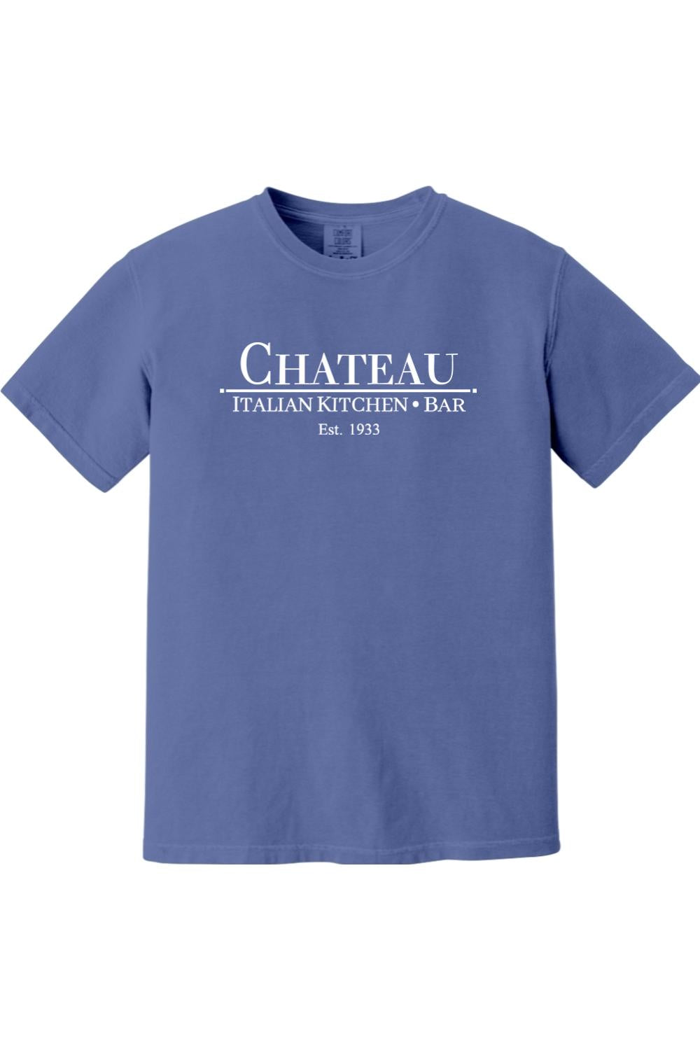 Blue Comfort Colors cotton t-shirt featuring the white Chateau Italian Kitchen & Bar logo on the chest.