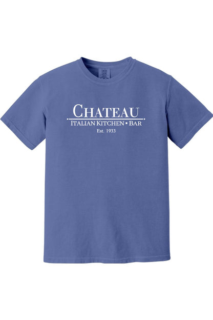 Blue Comfort Colors cotton t-shirt featuring the white Chateau Italian Kitchen & Bar logo on the chest.