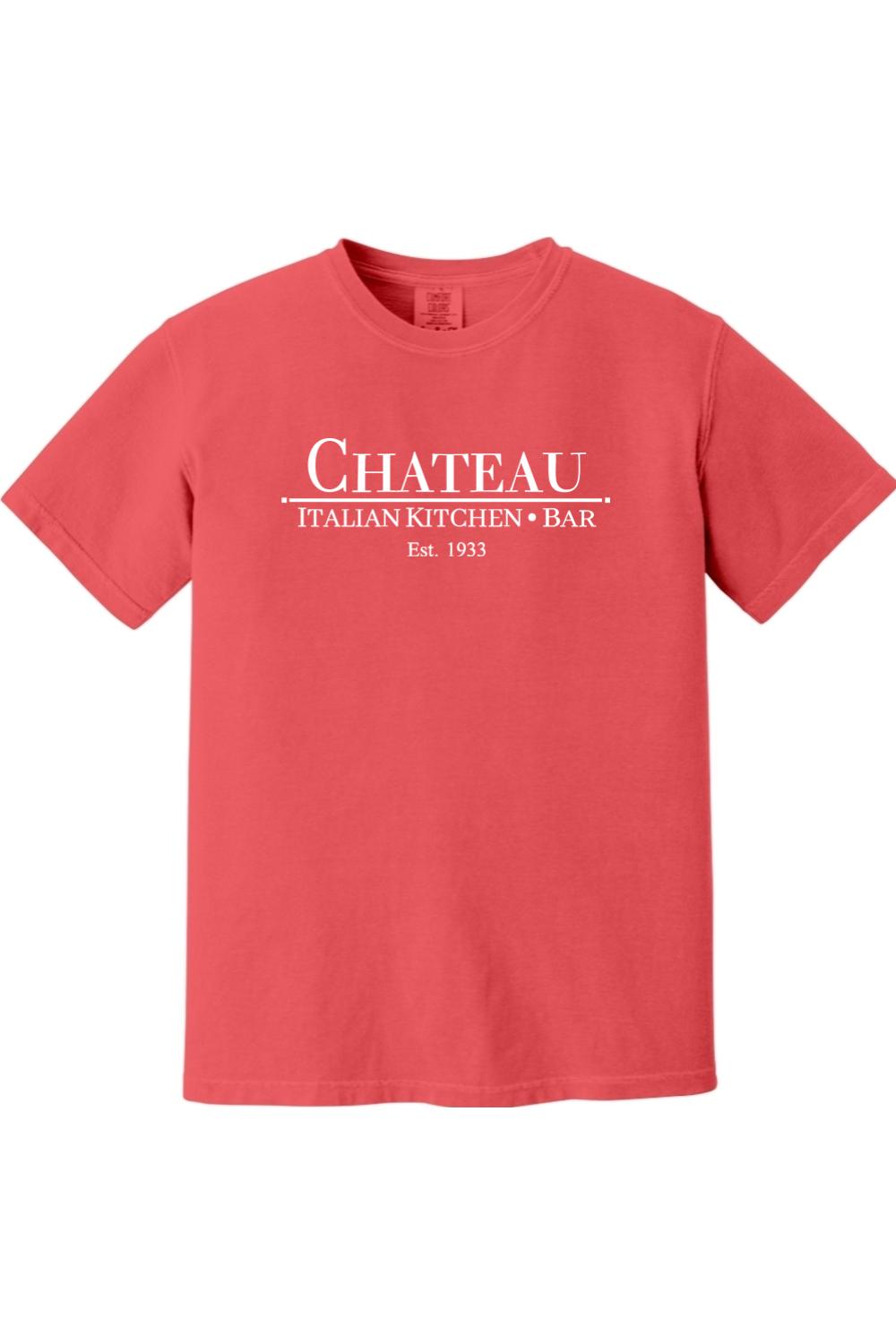 Coral Comfort Colors cotton t-shirt featuring a white Chateau Italian Kitchen & Bar logo on the chest.
