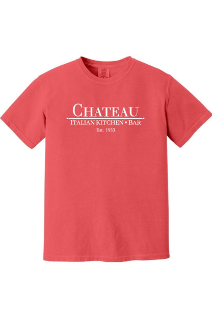 Coral Comfort Colors cotton t-shirt featuring a white Chateau Italian Kitchen & Bar logo on the chest.