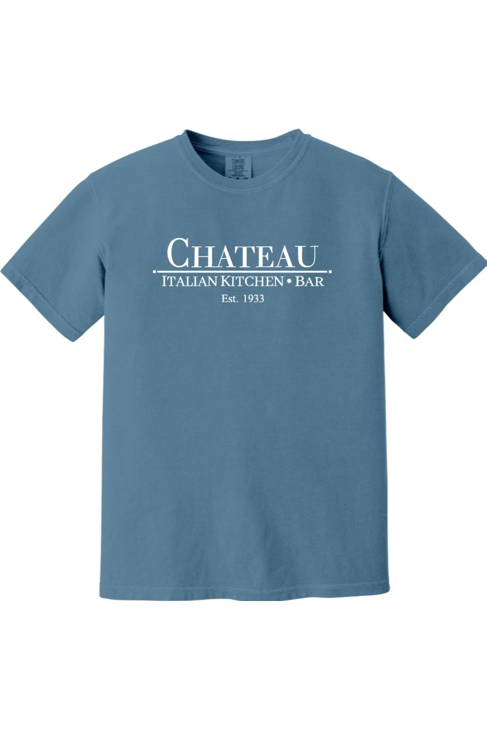 Blue Comfort Colors ring-spun cotton t-shirt featuring the white Chateau Italian Kitchen & Bar logo on the chest.