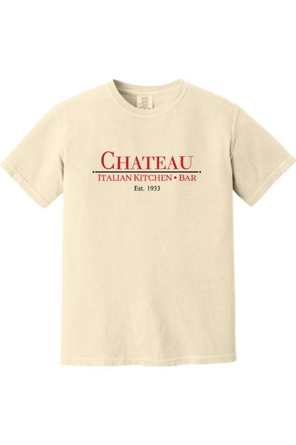 Cream-colored Comfort Colors cotton t-shirt featuring the red and black Chateau Italian Kitchen & Bar logo.