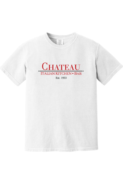 White Comfort Colors cotton t-shirt featuring a red and black Chateau Italian Kitchen & Bar logo on the chest.