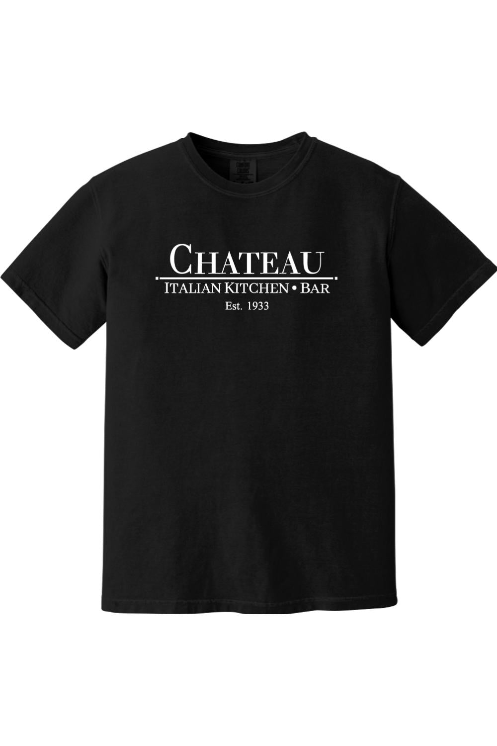 Black Comfort Colors ringspun cotton t-shirt featuring a white Chateau Italian Kitchen & Bar logo graphic.
