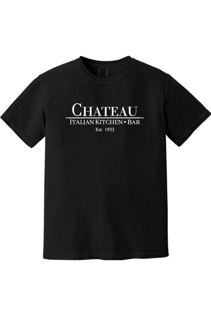Black Comfort Colors ringspun cotton t-shirt featuring a white Chateau Italian Kitchen & Bar logo graphic.