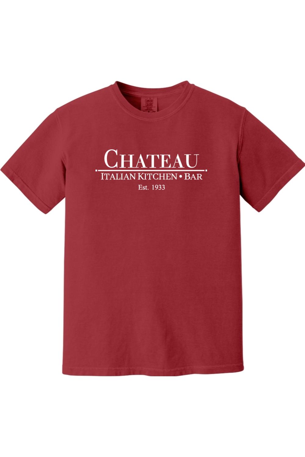 Red Comfort Colors ringspun cotton t-shirt featuring the white Chateau Italian Kitchen & Bar logo on the chest.