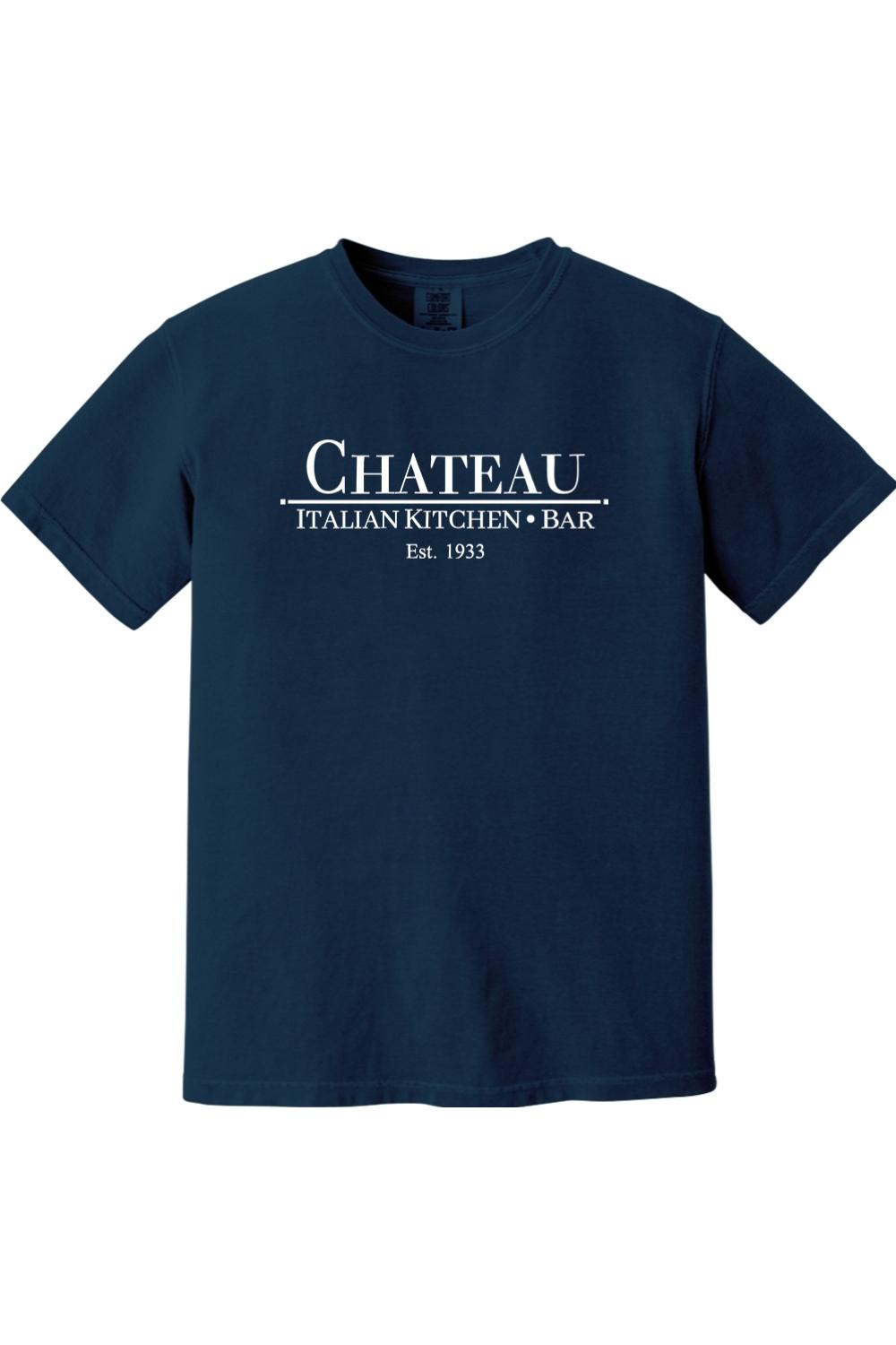 Navy blue Comfort Colors cotton t-shirt featuring the white Chateau Italian Kitchen & Bar logo on the chest.