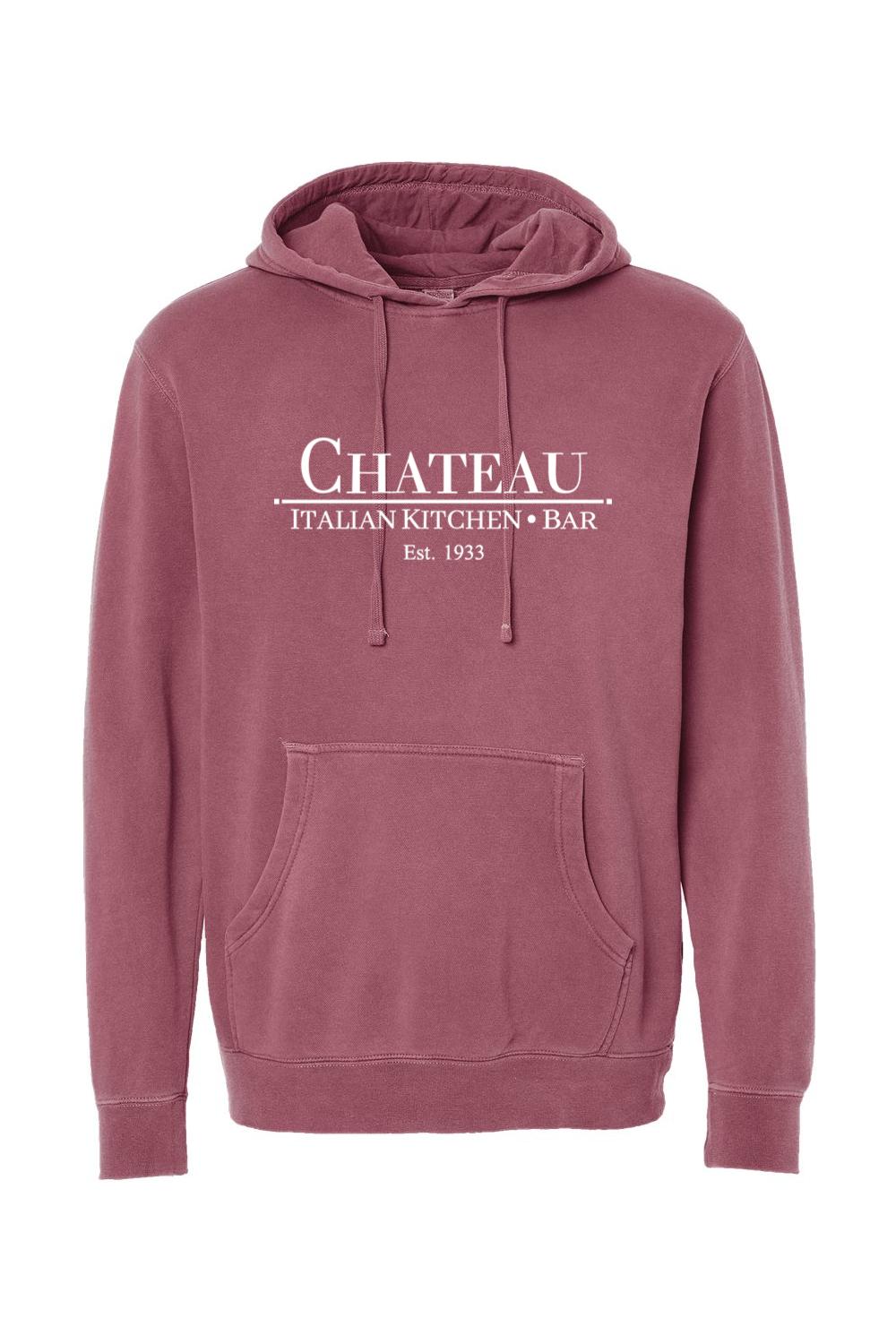 Dusty rose pigment-dyed hoodie with white Chateau Italian Kitchen & Bar logo, featuring a front kangaroo pocket.