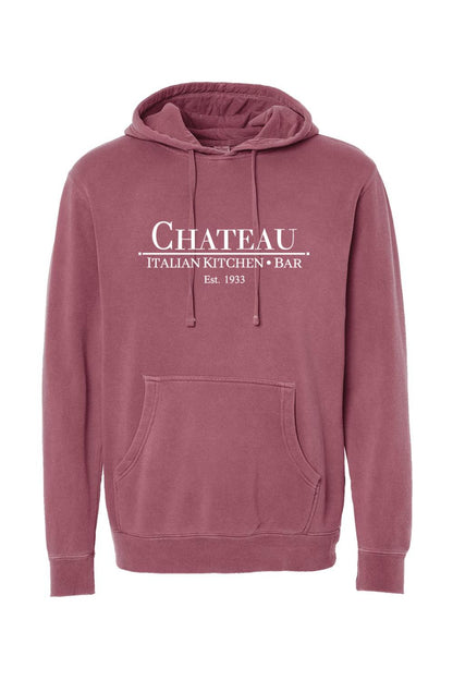 Dusty rose pigment-dyed hoodie with white Chateau Italian Kitchen & Bar logo, featuring a front kangaroo pocket.
