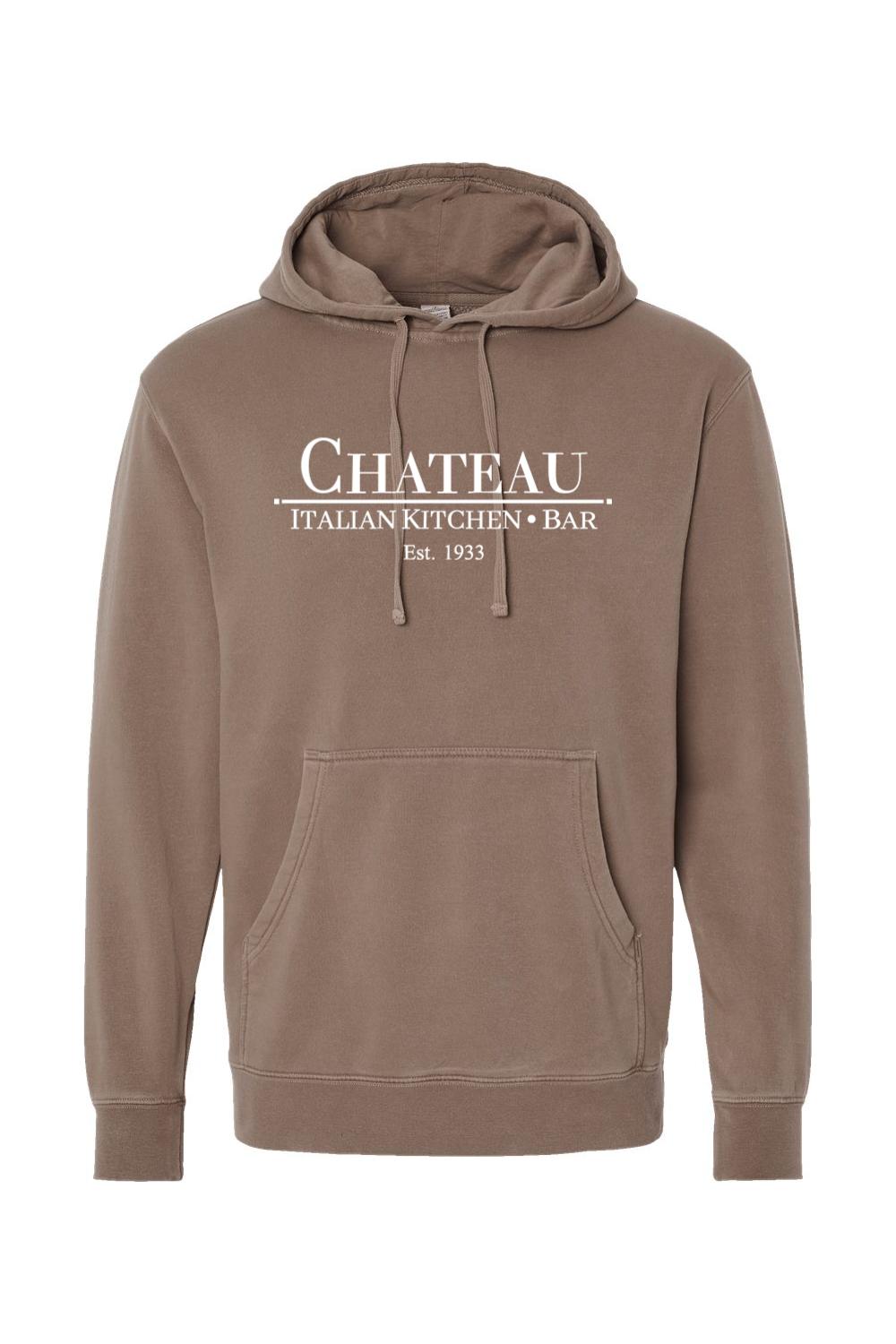 Brown pigment-dyed hoodie with white Chateau Italian Kitchen & Bar logo, featuring a drawstring hood and front pocket.