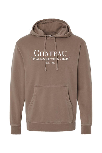 Brown pigment-dyed hoodie with white Chateau Italian Kitchen & Bar logo, featuring a drawstring hood and front pocket.