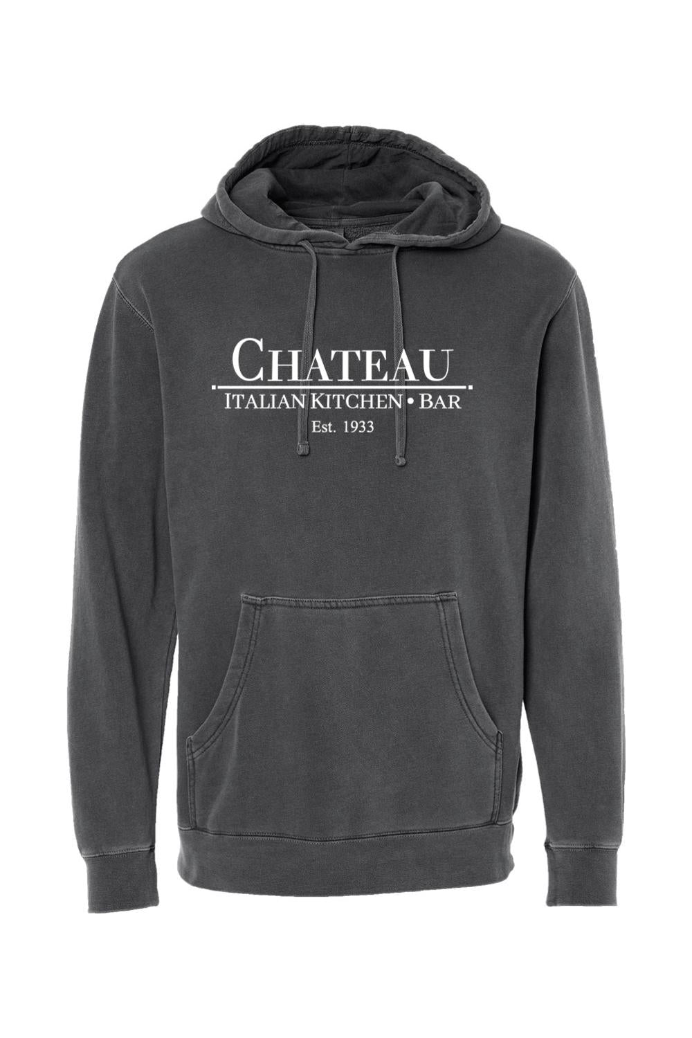 Charcoal pigment-dyed hoodie with white Chateau Italian Kitchen & Bar logo, featuring a front pocket and drawstring.