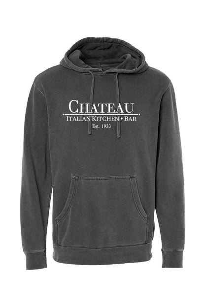 Charcoal pigment-dyed hoodie with white Chateau Italian Kitchen & Bar logo, featuring a front pocket and drawstring.