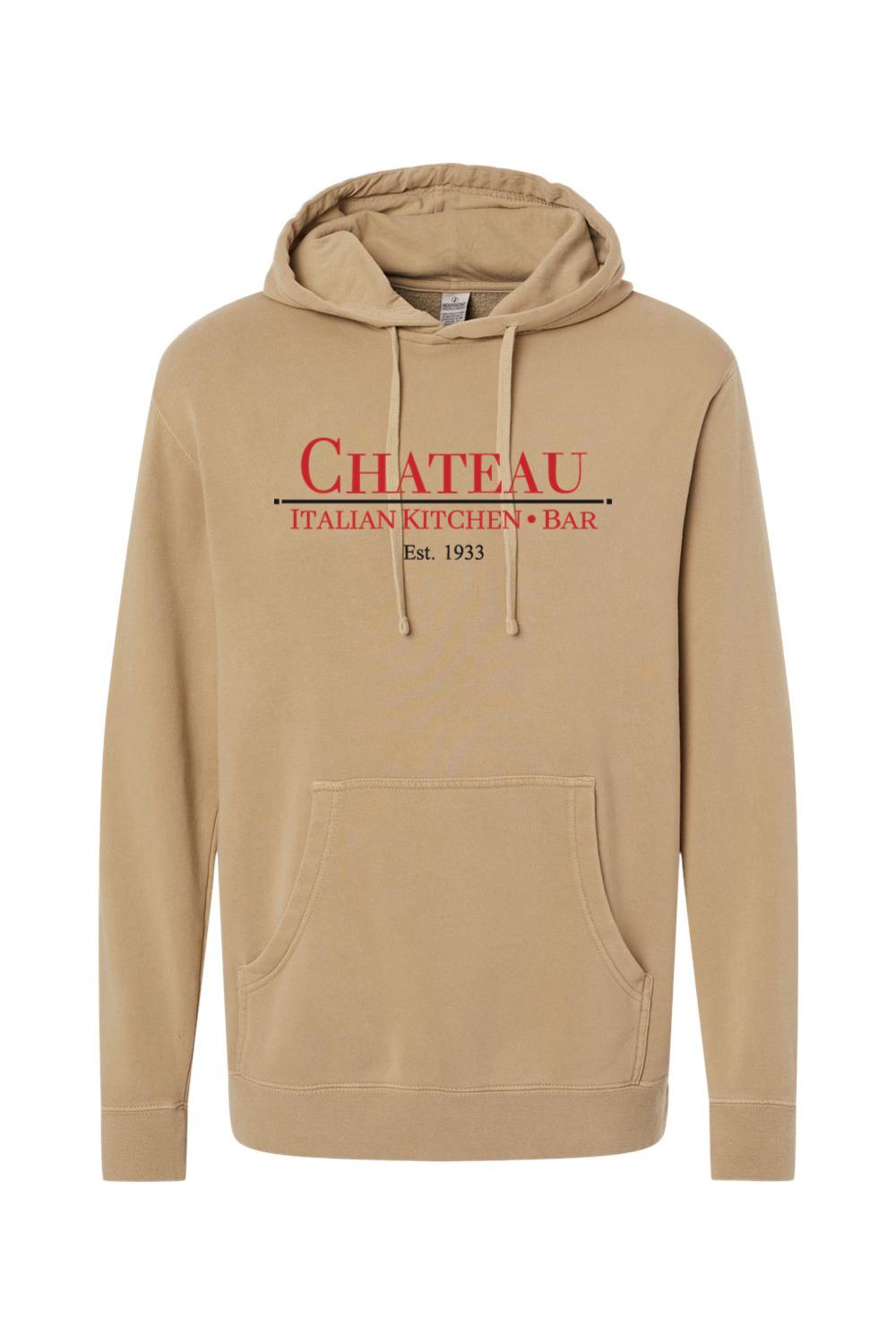 Tan pigment-dyed hoodie with a vintage Chateau Italian Kitchen & Bar logo in red and black text.