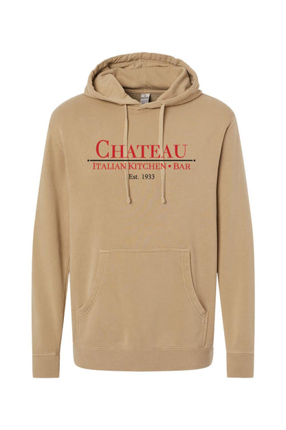 Tan pigment-dyed hoodie with a vintage Chateau Italian Kitchen & Bar logo in red and black text.