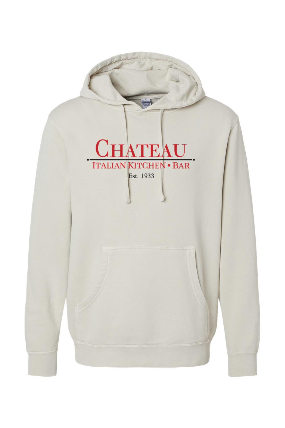 Off-white pigment-dyed hoodie with a red and black Chateau Italian Kitchen & Bar logo and front kangaroo pocket.