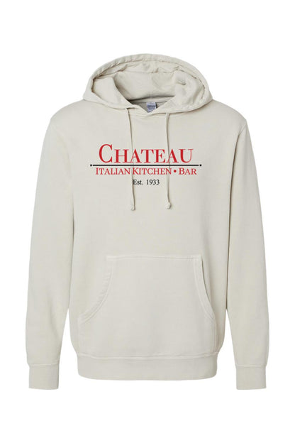 Off-white pigment-dyed hoodie with a red and black Chateau Italian Kitchen & Bar logo and front kangaroo pocket.