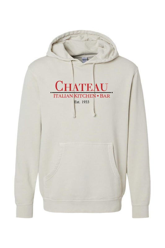 Off-white pigment-dyed hoodie with a red and black Chateau Italian Kitchen & Bar logo and front kangaroo pocket.