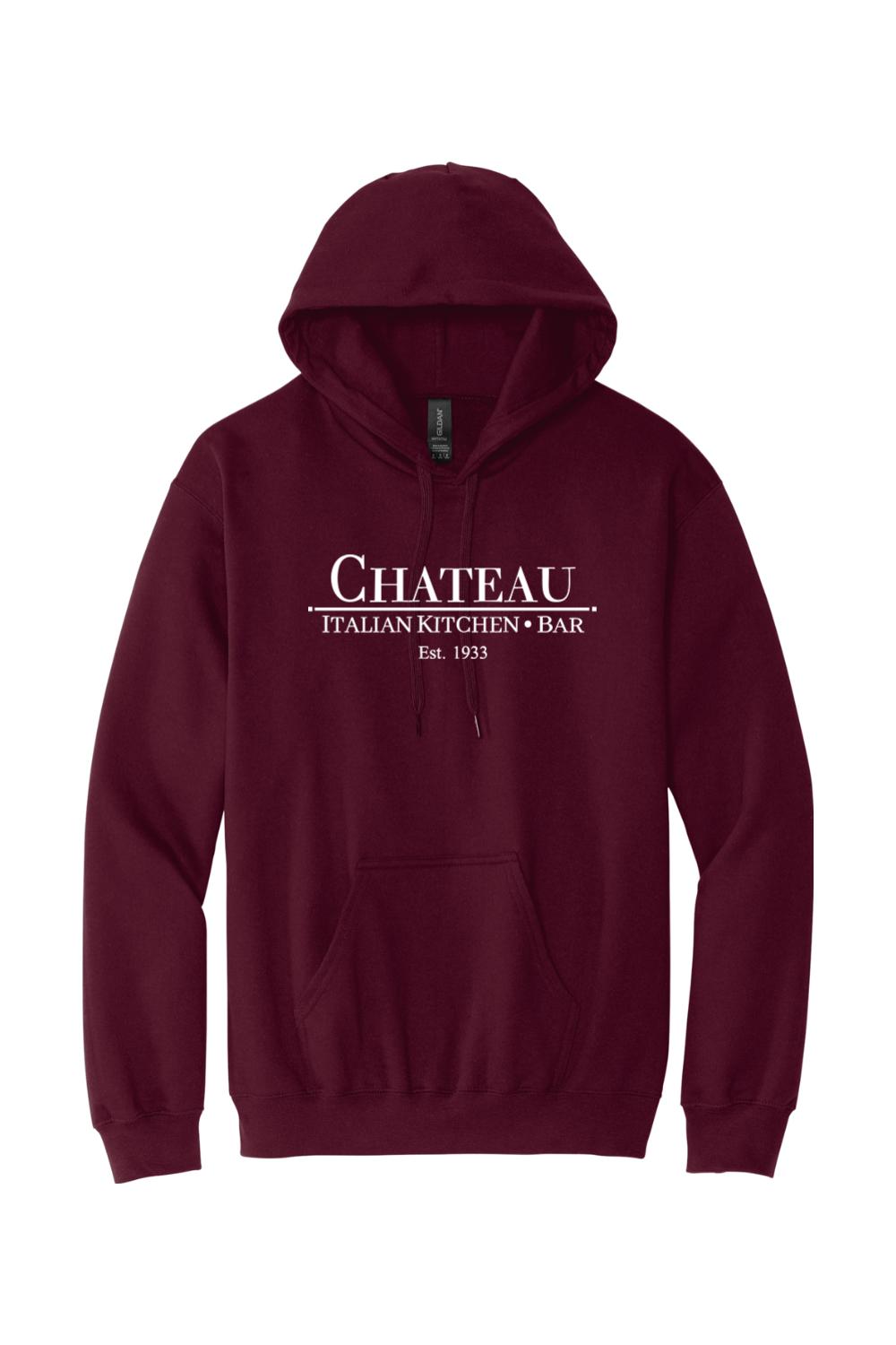 Maroon pullover hoodie featuring a white Chateau Italian Kitchen & Bar logo, drawstring hood, and front kangaroo pocket.