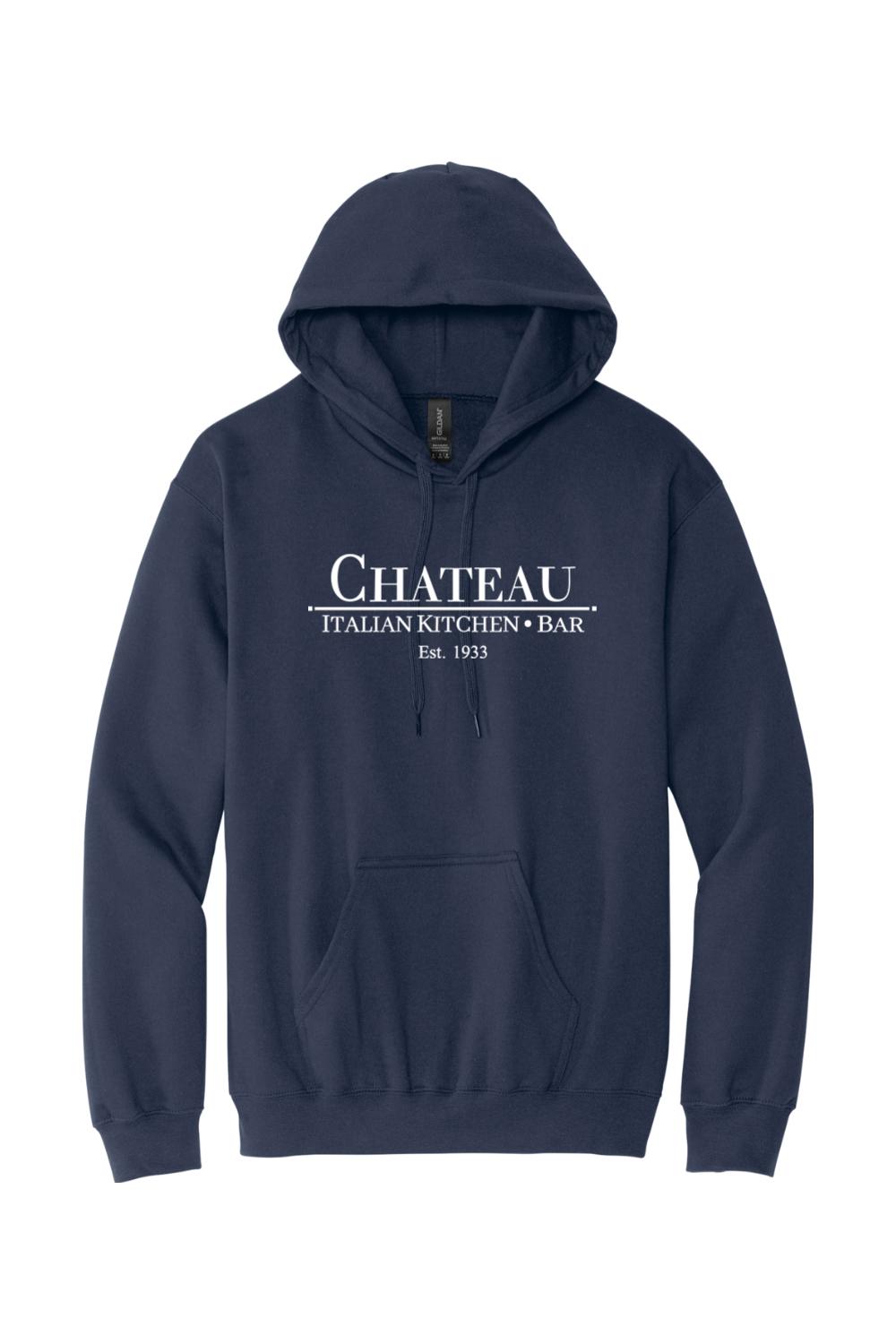 Navy blue cotton-blend pullover hoodie featuring the white Chateau Italian Kitchen & Bar logo on the chest.