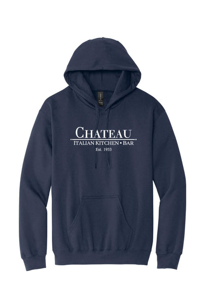 Navy blue cotton-blend pullover hoodie featuring the white Chateau Italian Kitchen & Bar logo on the chest.