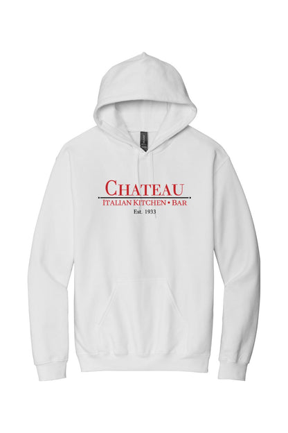 White cotton-blend pullover hoodie featuring the red and black Chateau Italian Kitchen & Bar logo on the chest.