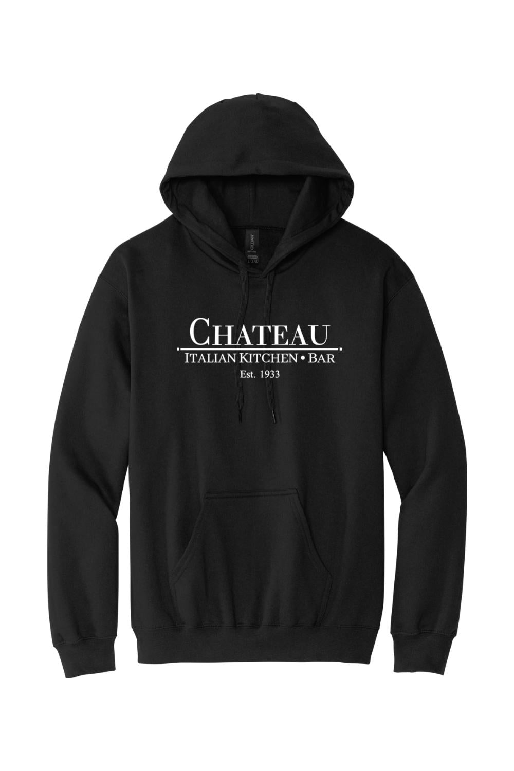 Black cotton-blend pullover hoodie featuring a white Chateau Italian Kitchen & Bar logo on the chest.