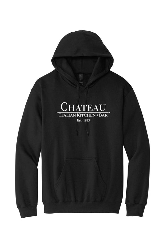 Black cotton-blend pullover hoodie featuring a white Chateau Italian Kitchen & Bar logo on the chest.