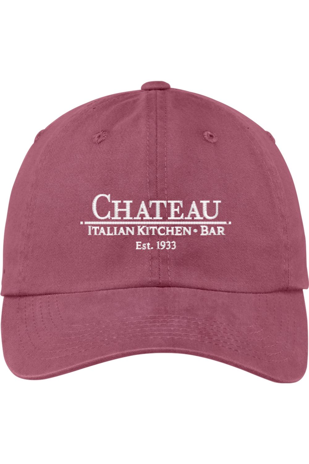 Vintage-style maroon pigment-dyed cotton cap with white Chateau Italian Kitchen + Bar embroidery.