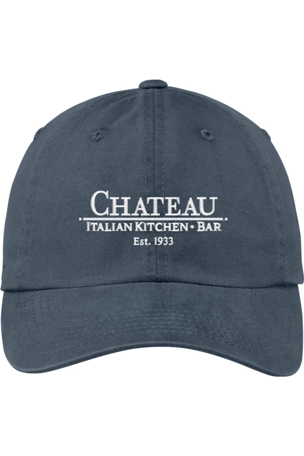 Vintage-style navy pigment-dyed cotton twill cap with white Chateau Italian Kitchen + Bar embroidery.