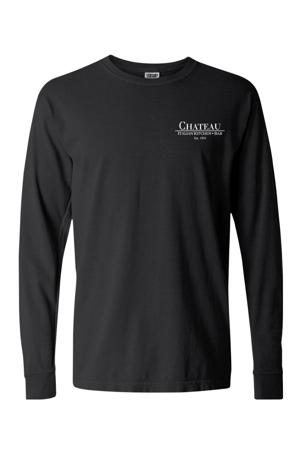 Black Comfort Colors long sleeve cotton t-shirt featuring a small white Chateau Italian Kitchen & Bar chest logo.