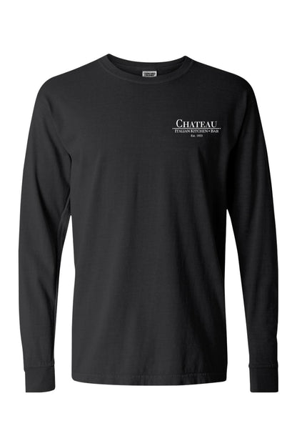 Black Comfort Colors long sleeve cotton t-shirt featuring a small white Chateau Italian Kitchen & Bar chest logo.