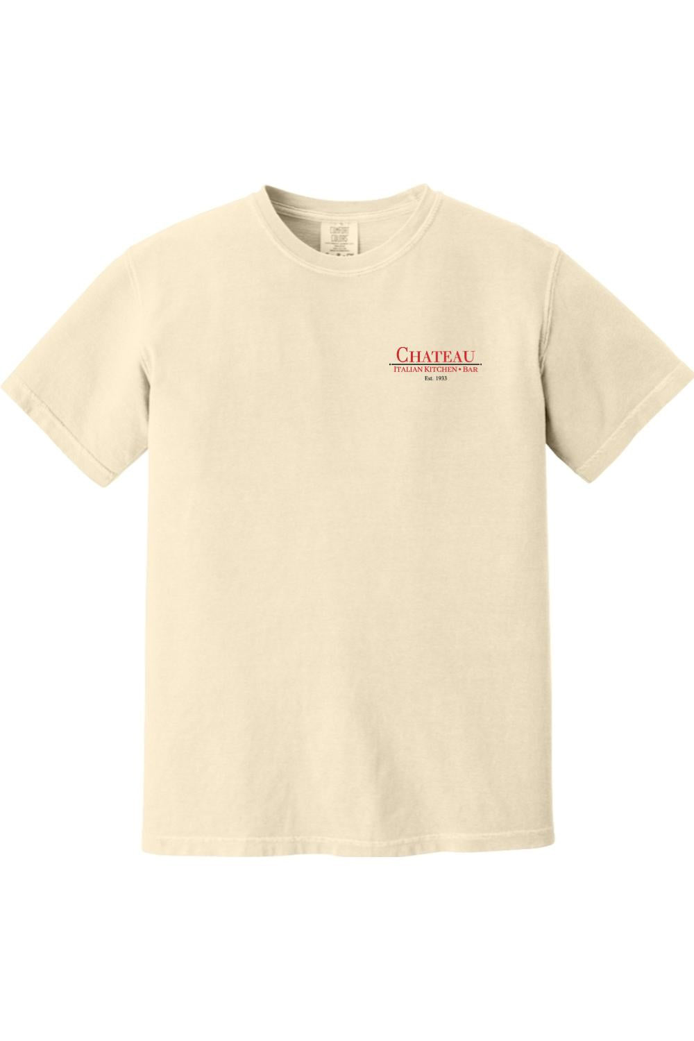 Cream-colored Comfort Colors short-sleeve t-shirt featuring a small Chateau Italian Kitchen & Bar logo on chest.