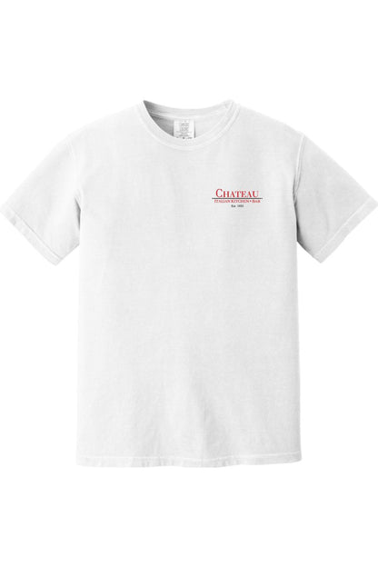 White Comfort Colors short-sleeve t-shirt in soft-washed cotton featuring a small Chateau Italian Kitchen logo.