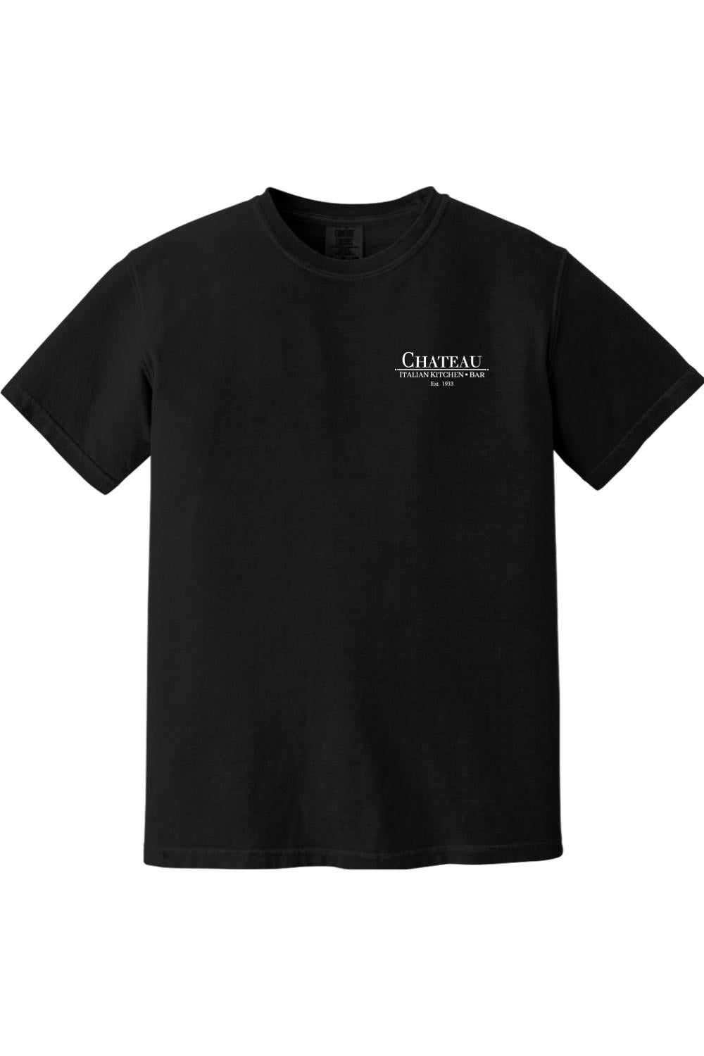Black Comfort Colors short-sleeve t-shirt with a small white Chateau Italian Kitchen & Bar logo on the chest.