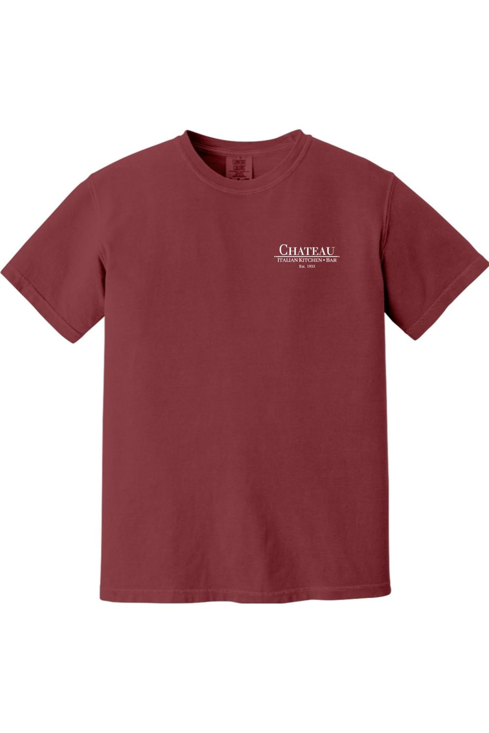 Burgundy Comfort Colors short-sleeve t-shirt featuring a small white Chateau Italian Kitchen & Bar logo on the chest.