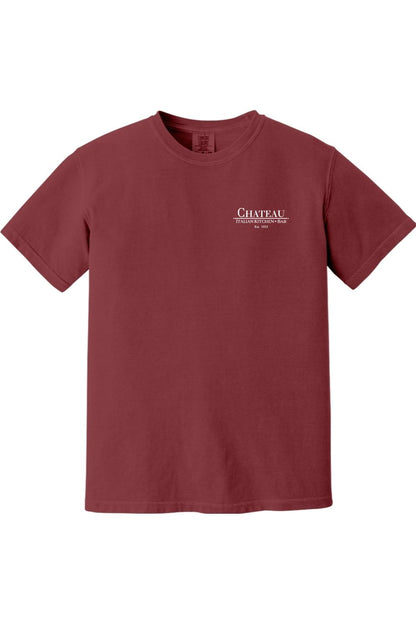 Burgundy Comfort Colors short-sleeve t-shirt featuring a small white Chateau Italian Kitchen & Bar logo on the chest.