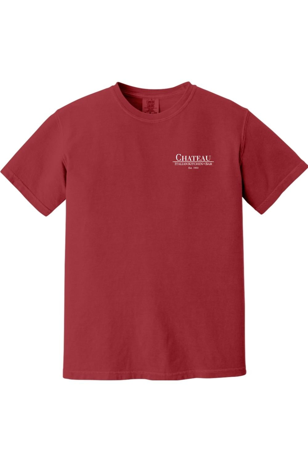 Red Comfort Colors short-sleeve t-shirt in soft-washed cotton with a small white Chateau Italian Kitchen & Bar logo.