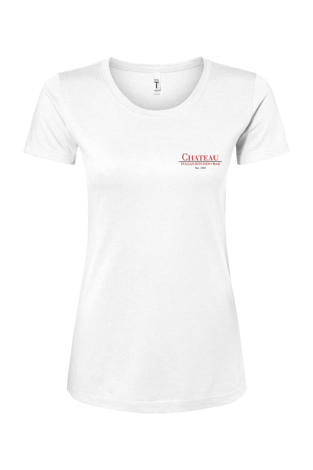 Women's white cotton blend t-shirt featuring a small red and black Chateau Italian Kitchen & Bar logo on the chest.