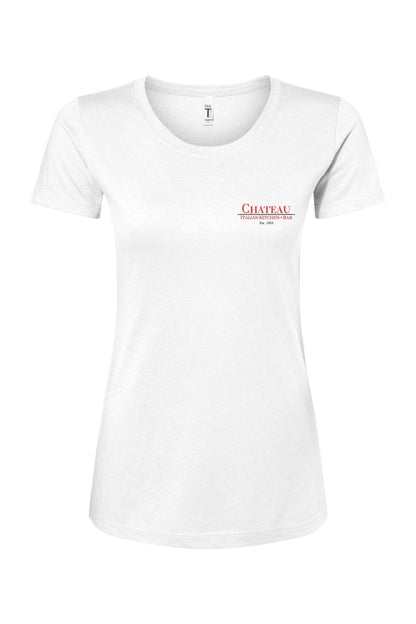 Women's white cotton blend t-shirt featuring a small red and black Chateau Italian Kitchen & Bar logo on the chest.